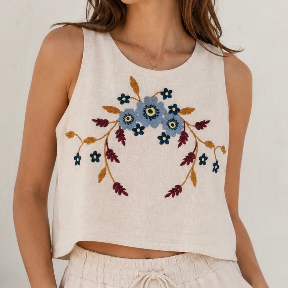 Mable x Anthropologie Floral Embroidered Crop Top Cream Sleeveless MST7974A S